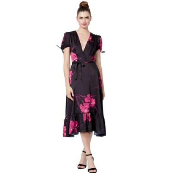 Betsey Johnson Faux Wrap Dress Black Pink Floral Size 4 - Picture 1 of 13